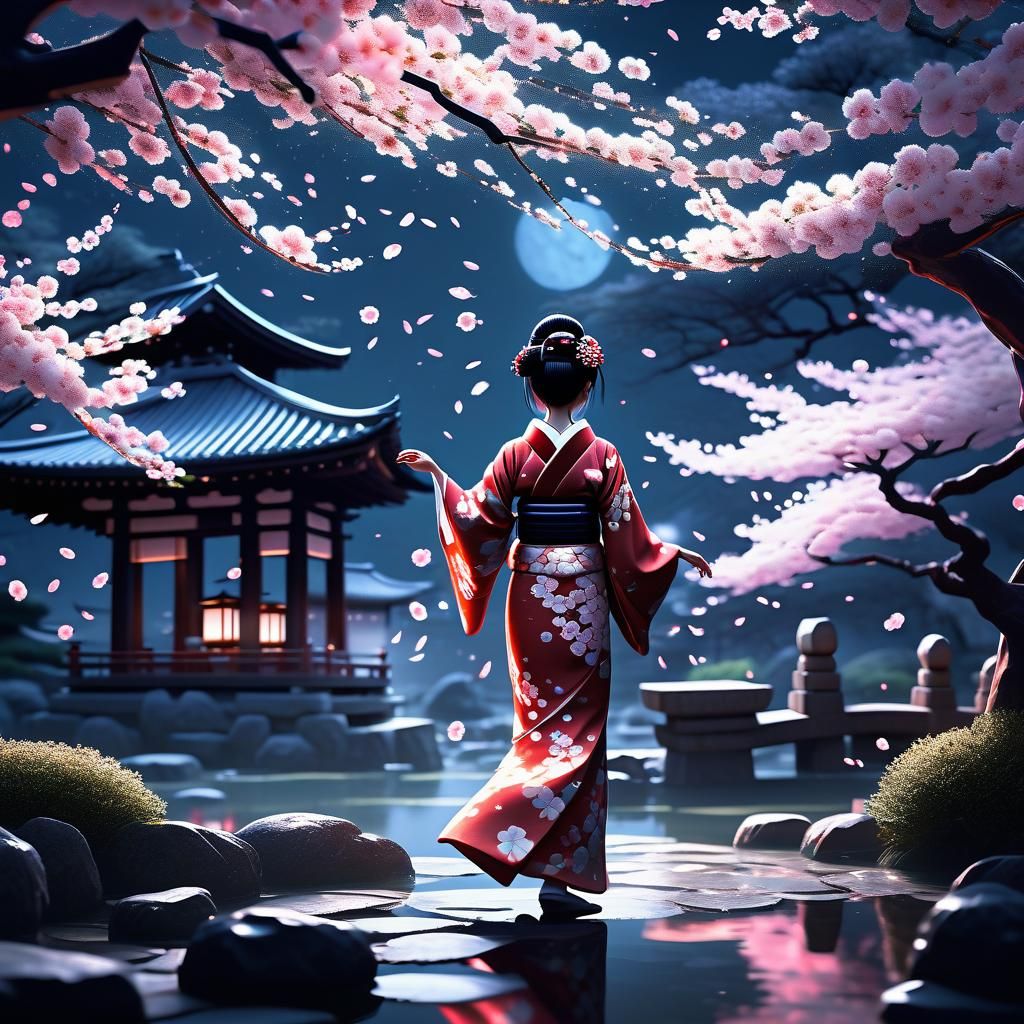 Dancing Geisha in Moonlit Garden, Anime Style