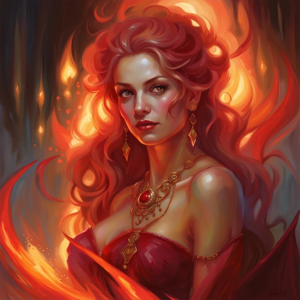Evil Fire Sorceress Portrait with Ruby Necklace