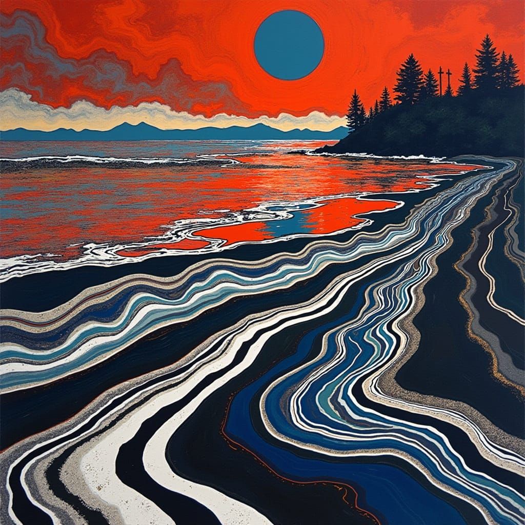 Geometric Beach Landscape in Vibrant, High-Contrast Colors