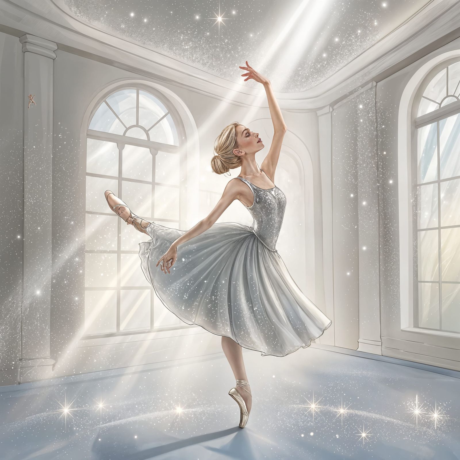 Silver Ballerina Dancing in Radiant Light