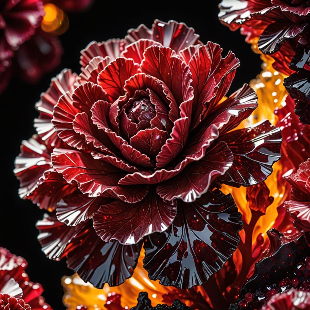 A carnation made of ruby red crystallized väyrynenite stone.