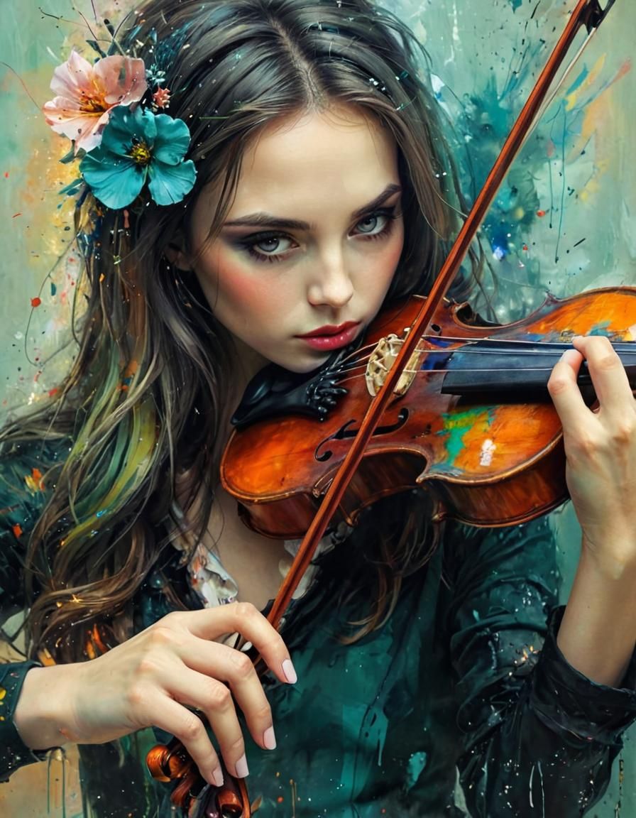 Surreal Violin Art in Abstract Splatter Paint Style