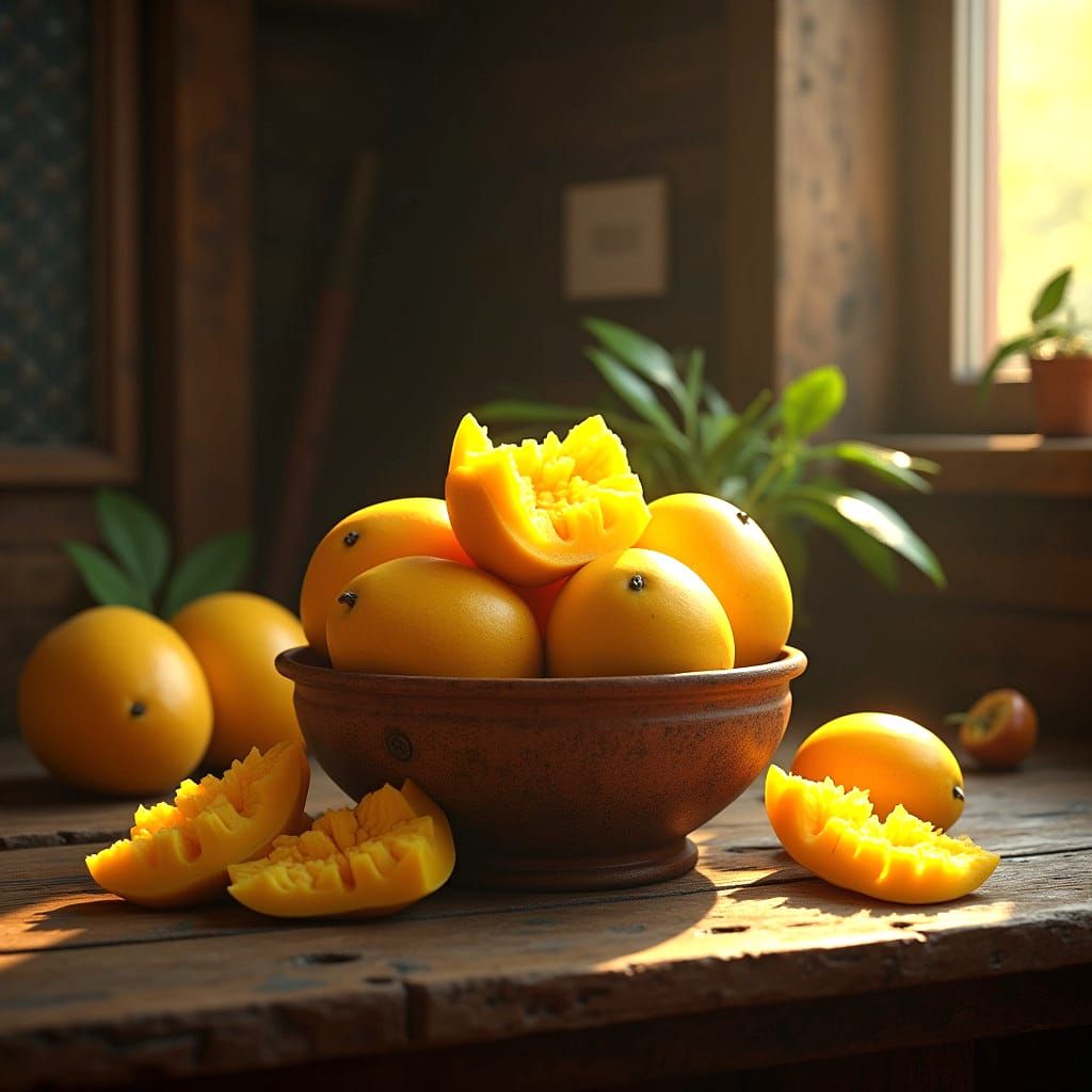 Overflowing Bowl of Mangoes in Rustic Kitchen