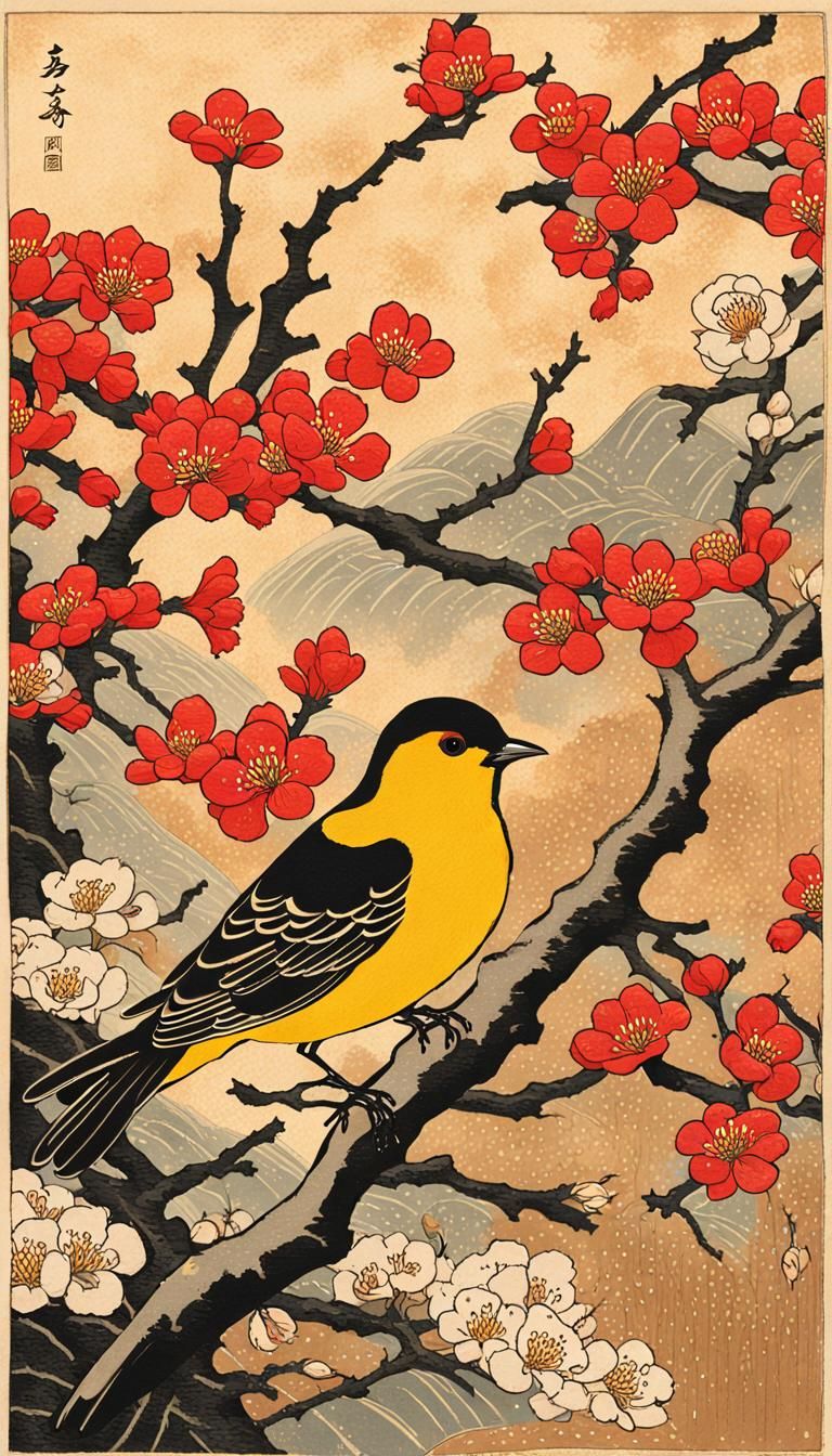 Ukiyo-e Bird and Yellow Flowers in Forest