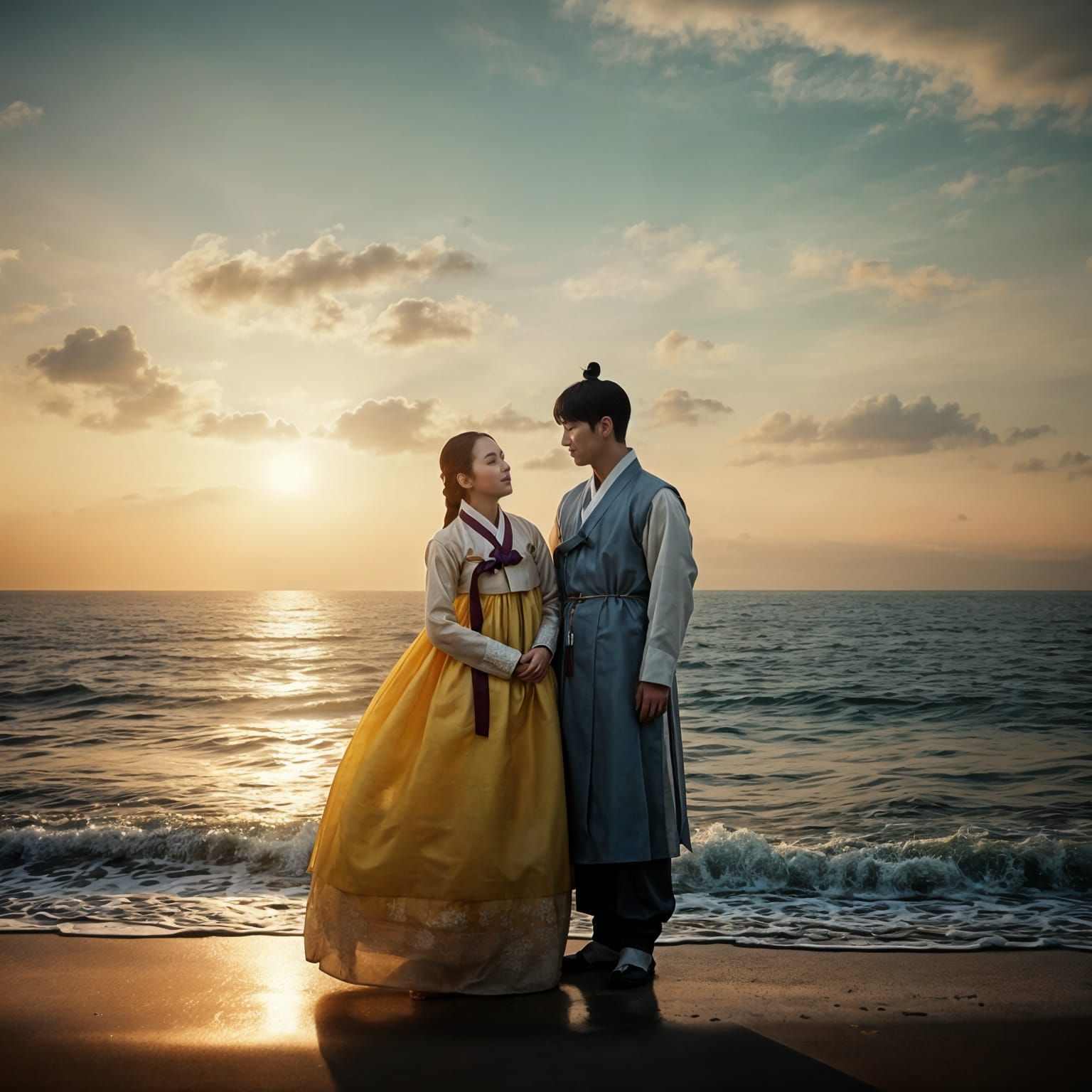 Young Couple Admires Sunset on Joseon Beach