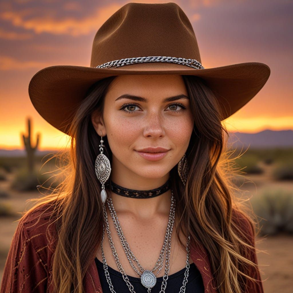 Cowgirl with Freckles and Cattleman Hat in Sunset Desert Lan...