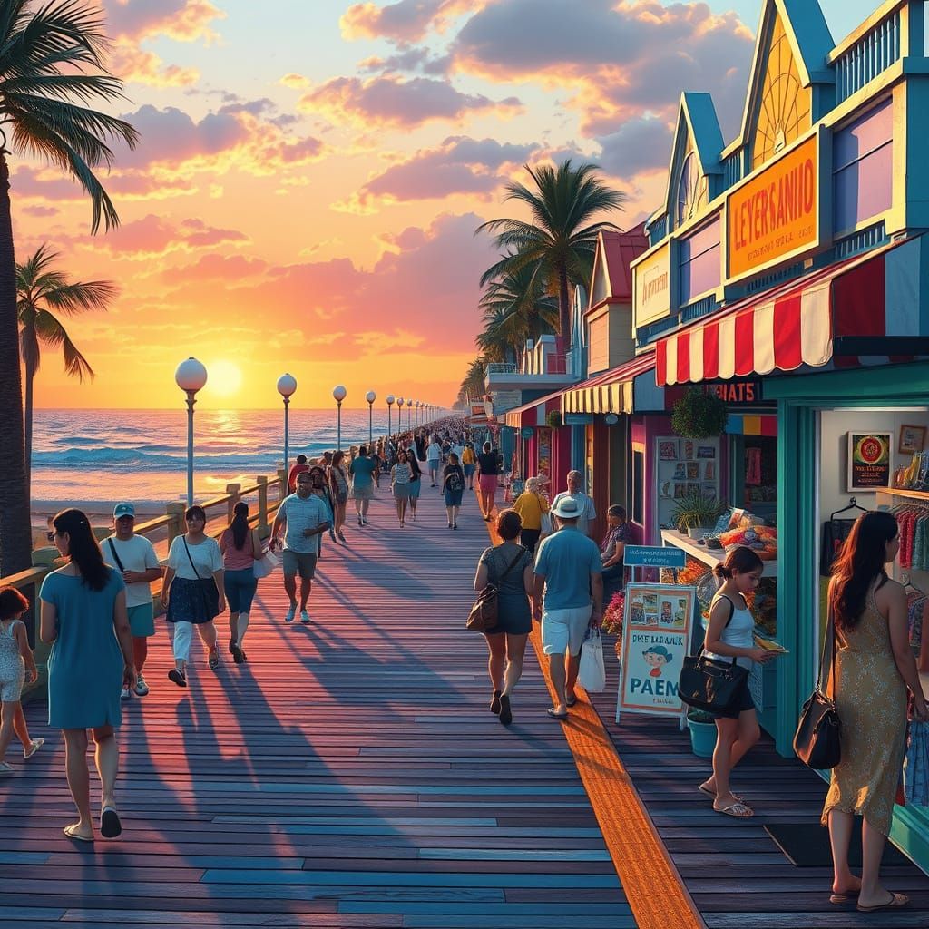 Vibrant Boardwalk Scene at Sunset, Animated Style