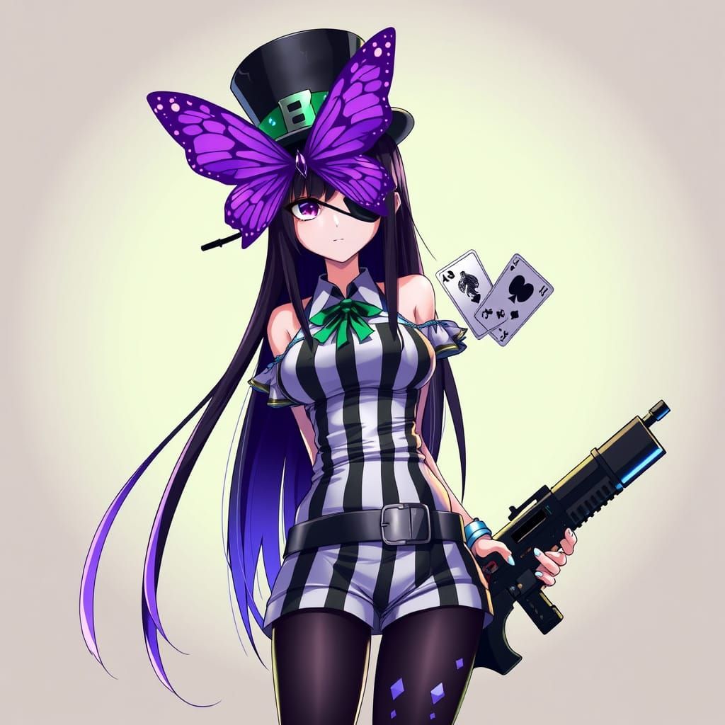 Villainous Anime Girl Enchanted by a Majestic Purple Butterf...