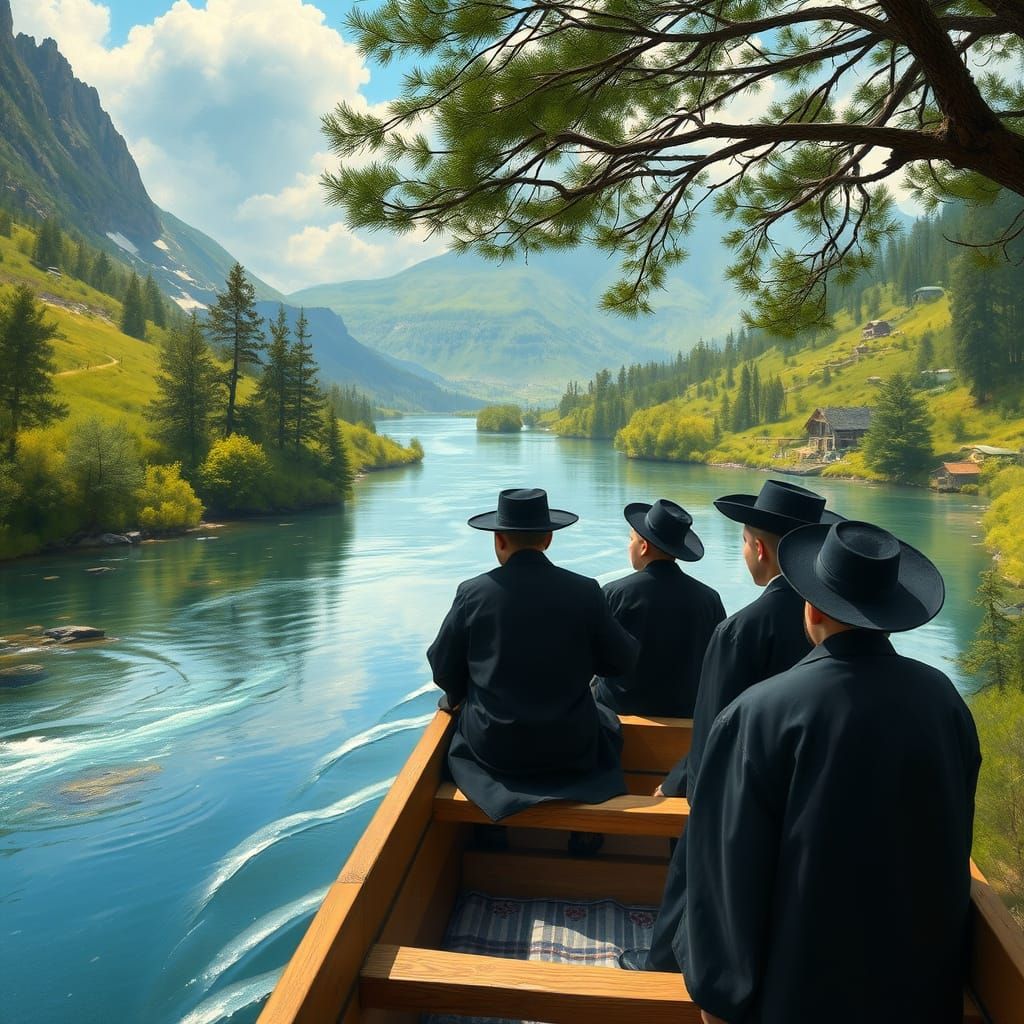 Boys' River Journey: A Bierstadt-Inspired Landscape
