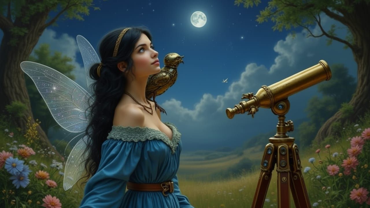 Victorian Fairy Gazes at Night Sky with Robotic Bird