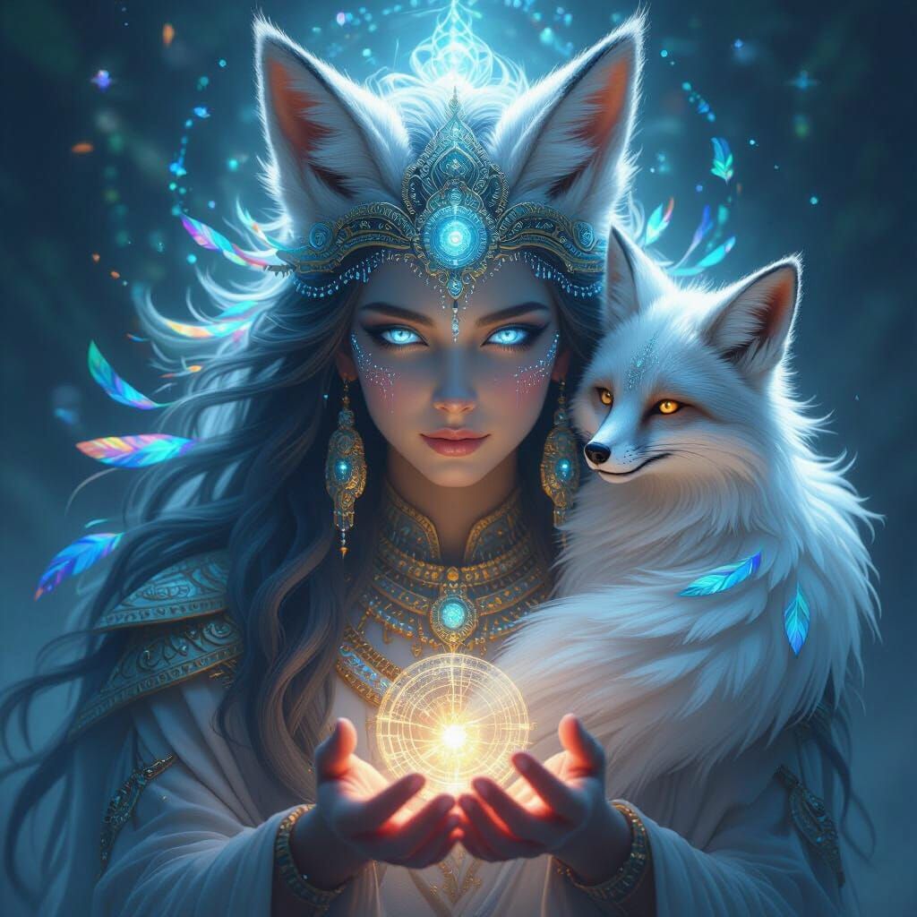 Anunnaki Deity with Tech Eyes and Spirit Fox Guardian