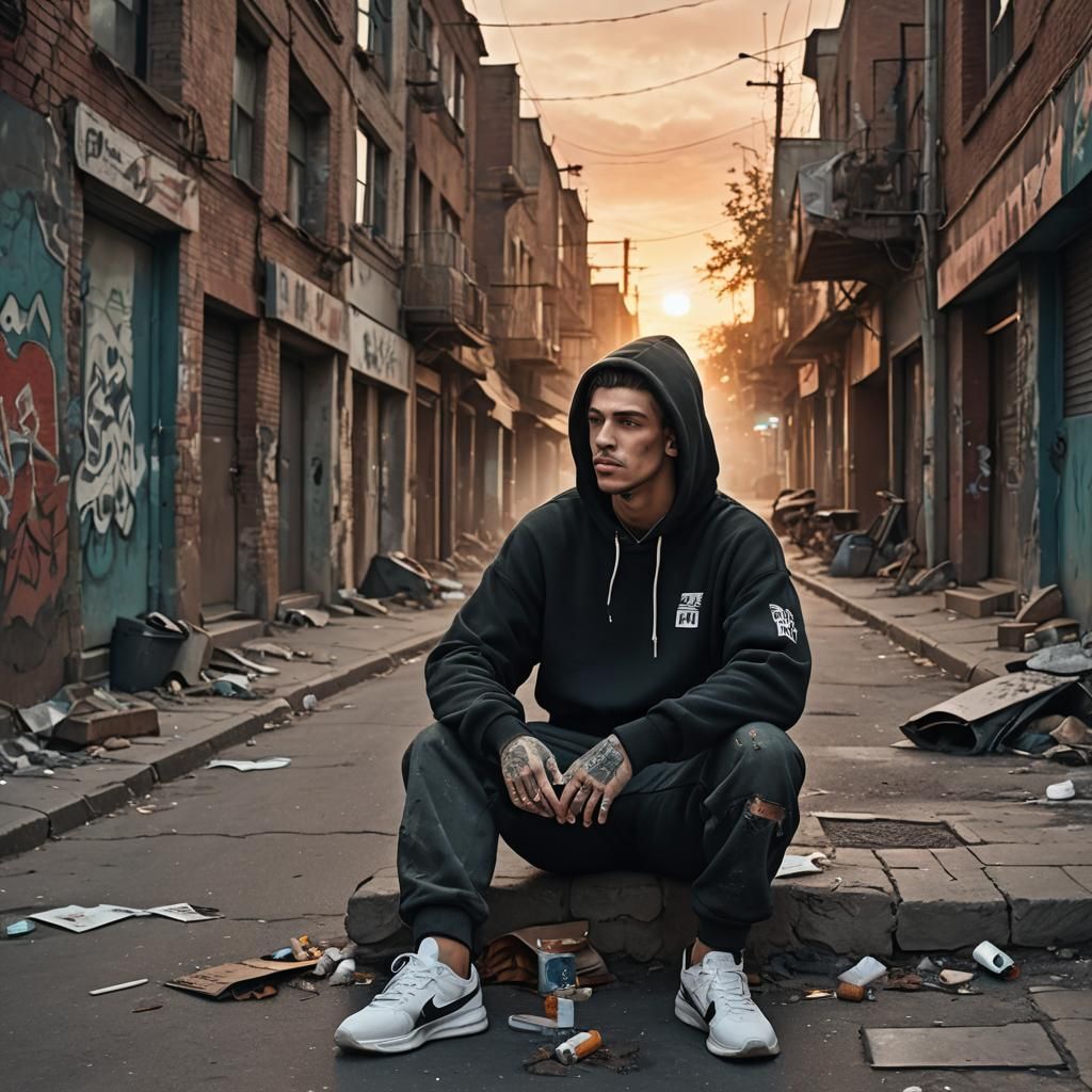 Hooded Figure Smoking at Sunrise: Detailed Digital Art