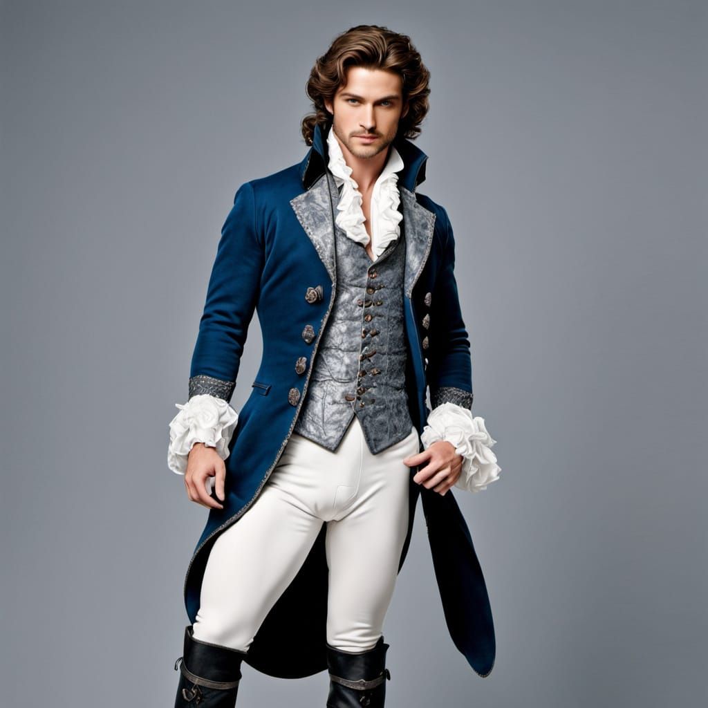 A good-looking twenty-something Italian beefcake wearing a Renaissance Marquise costume. The jacket is blue and gray wit...
