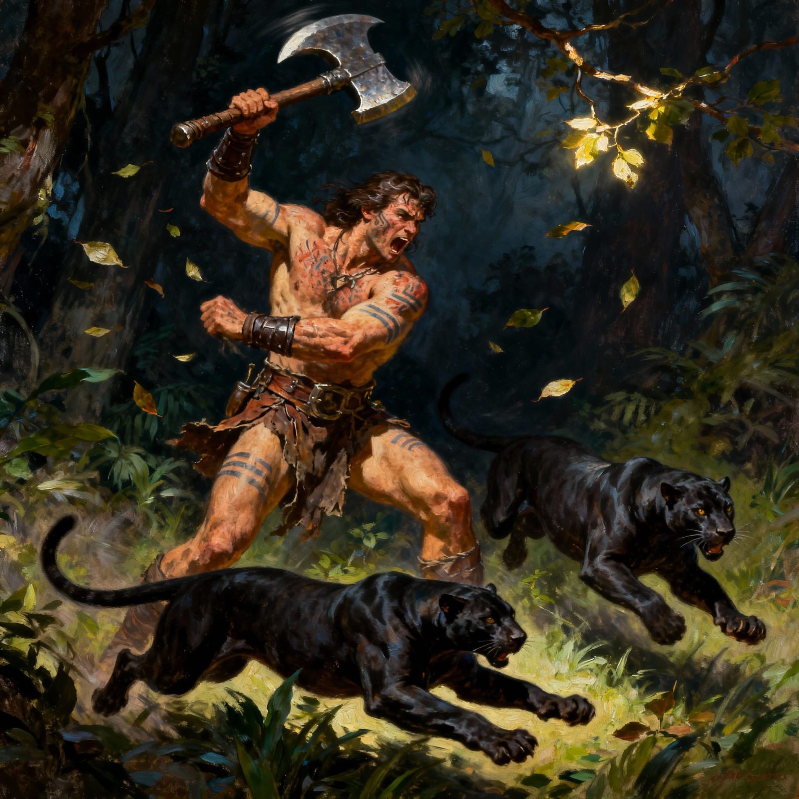Barbarian Warrior's Forest Battle with Panthers in Oil Paint...