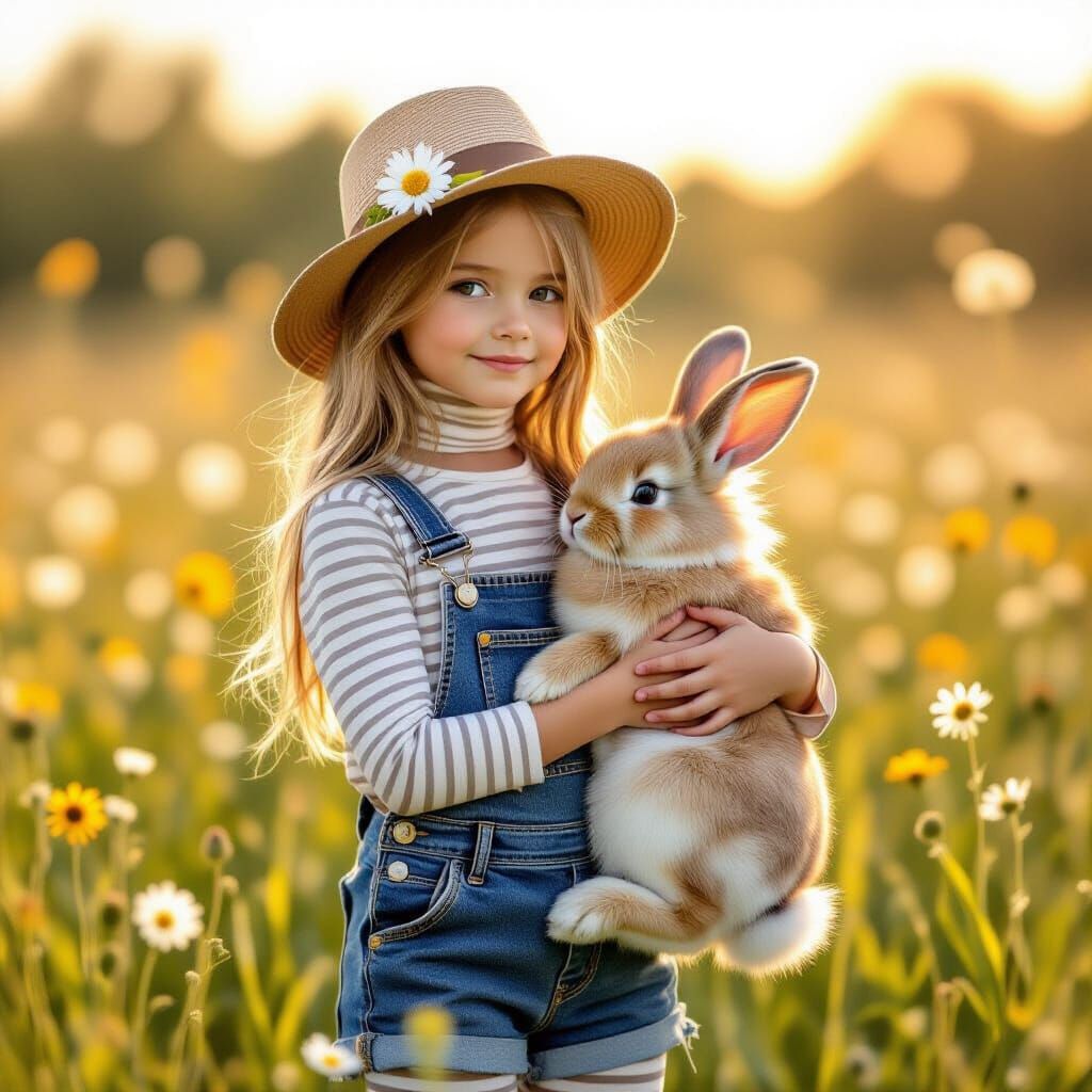 Girl with Daisy Hat Holds Bunny in Impressionistic Field