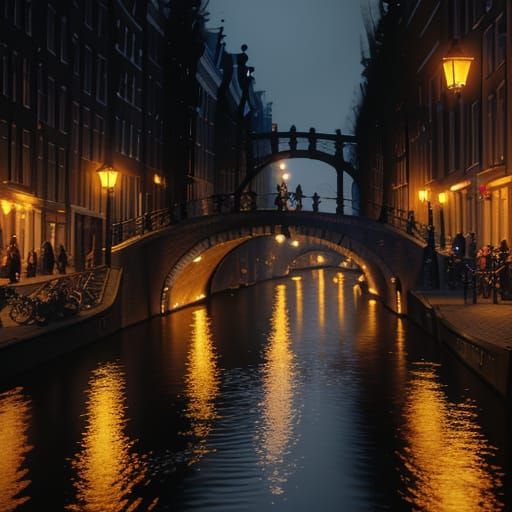 Amsterdam Red Light District Nightlife in Oil Painting Style