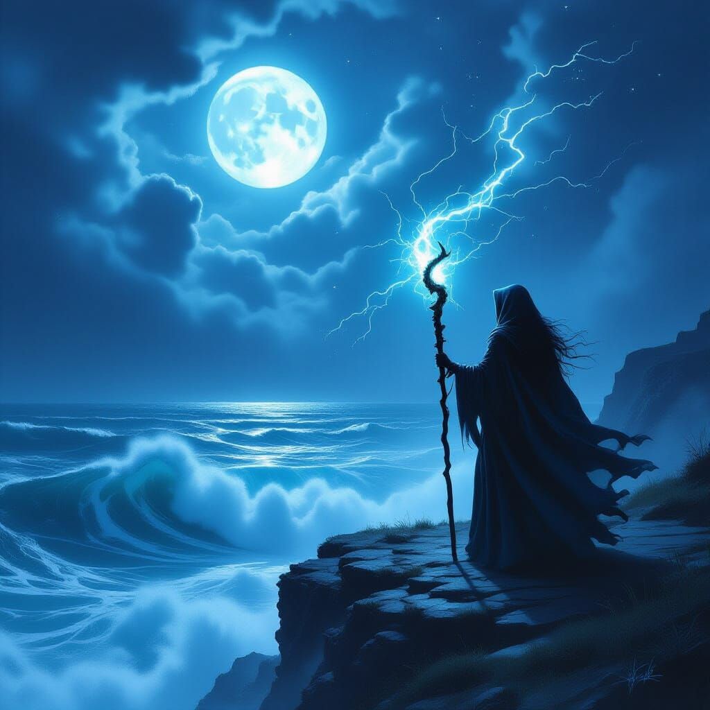Witch on Cliff Overlooking Stormy Ocean at Night