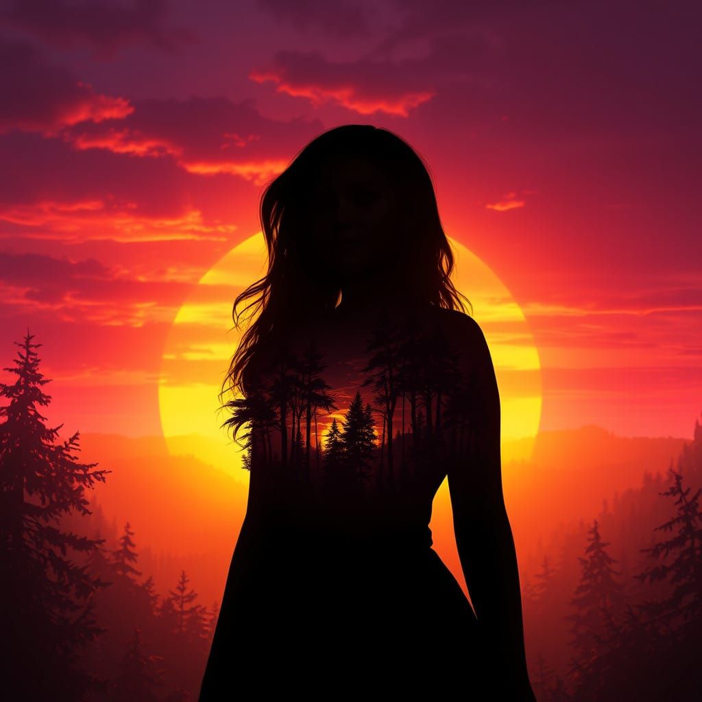 Girl Against Sunset in Mystical Forest Landscape