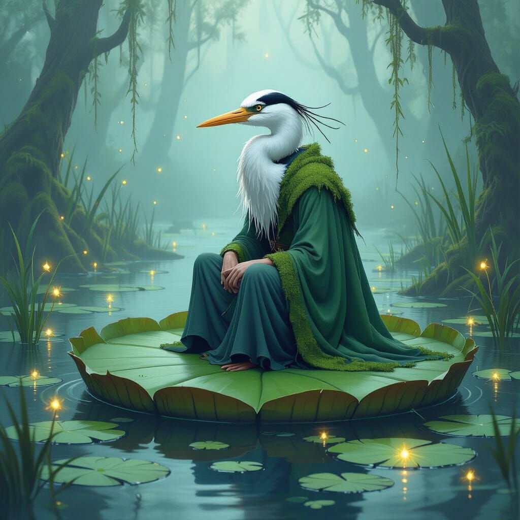 Wise Heron in Misty Swamp, Dreamy Art Style