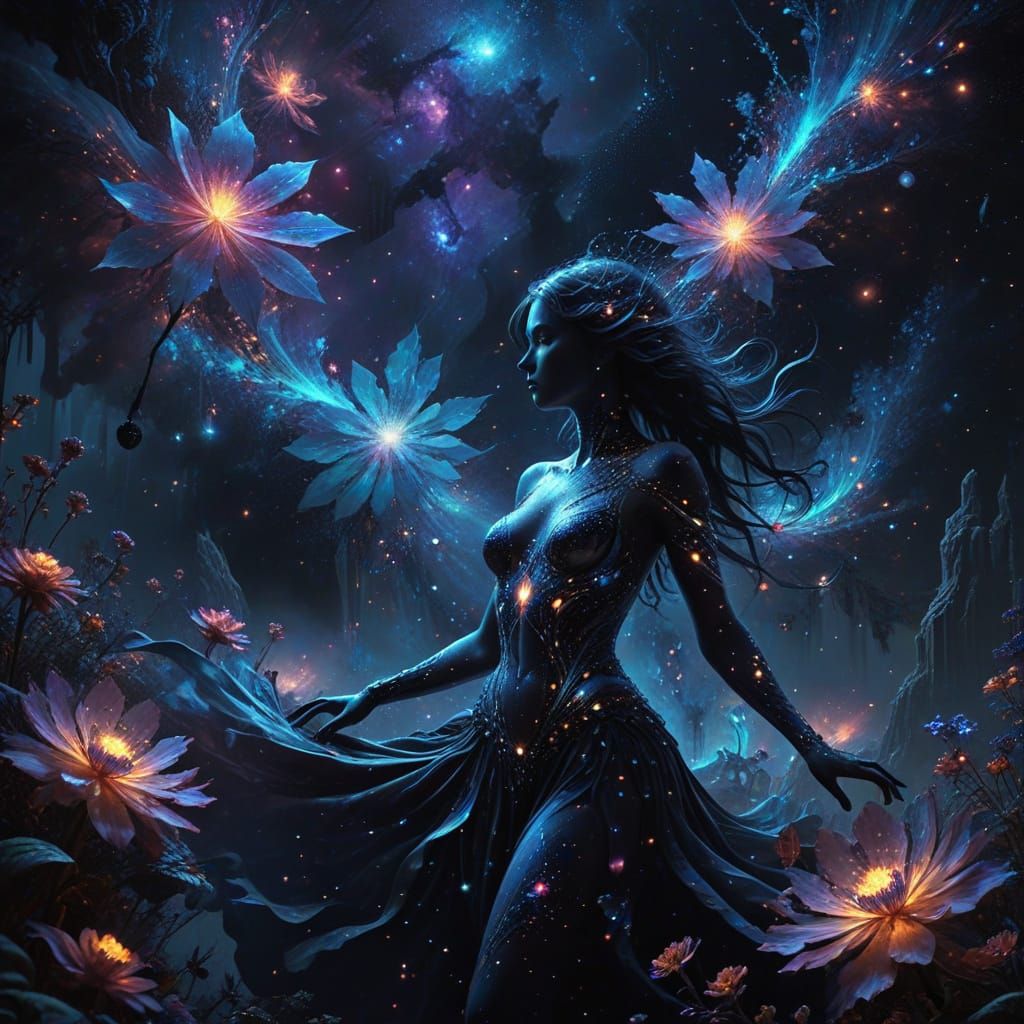 Surreal Cosmic Landscape with Fractal Flowers and Fiber-Opti...