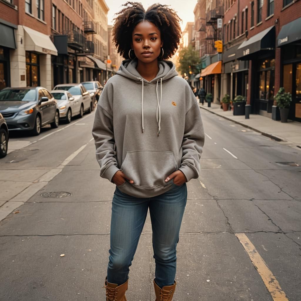 Confident Woman in City Street: Hyperrealistic Digital Art