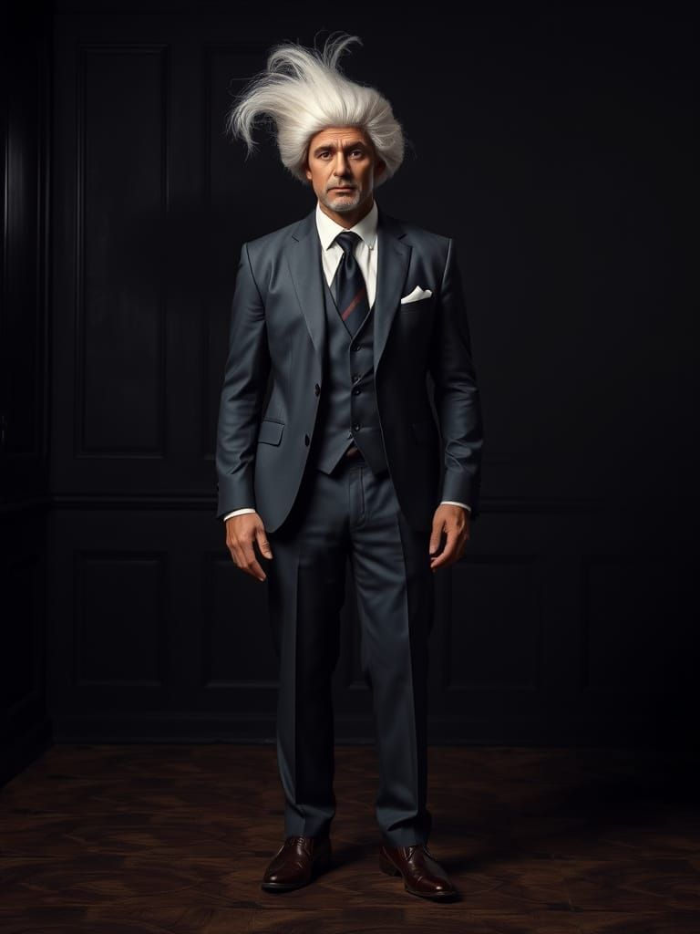 Man in Suit with White Wig Full Body Shot