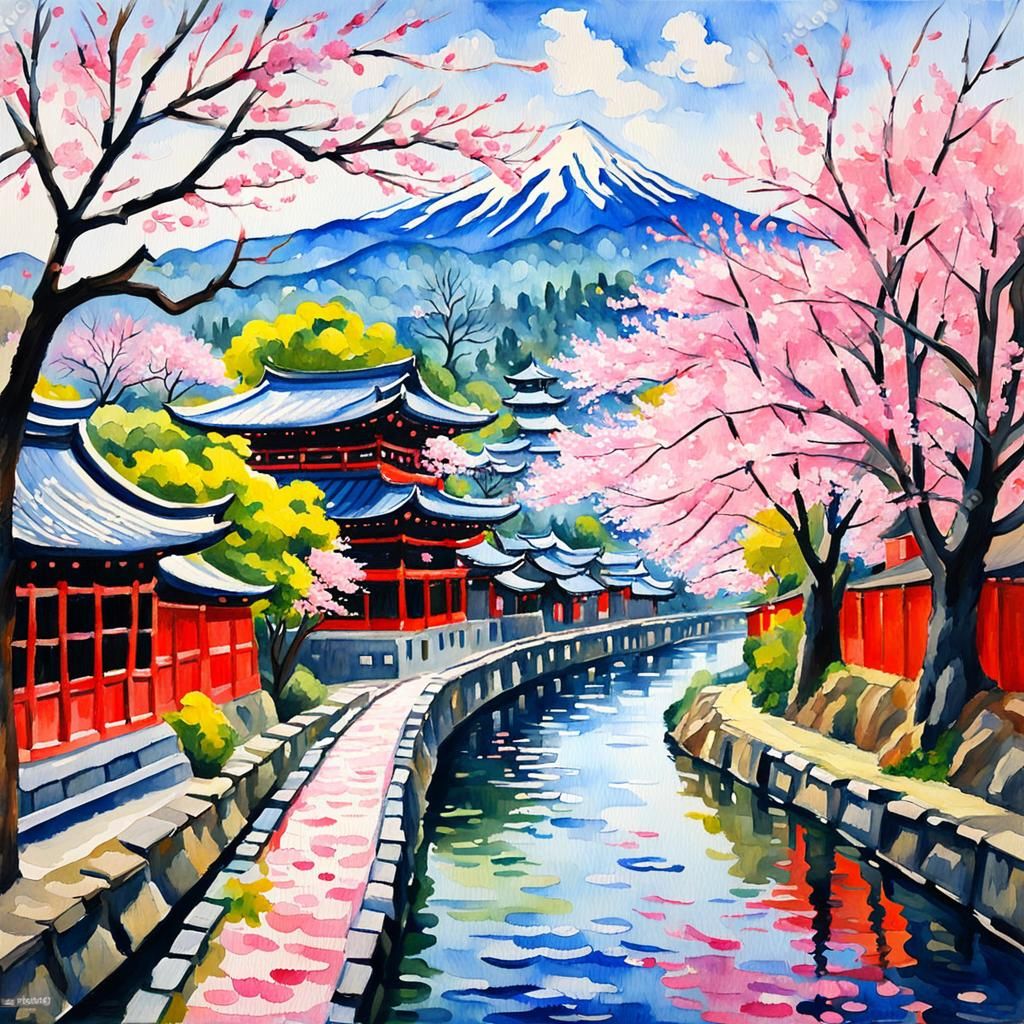 Kyoto Cherry Blossoms in Gouache Watercolor Style
