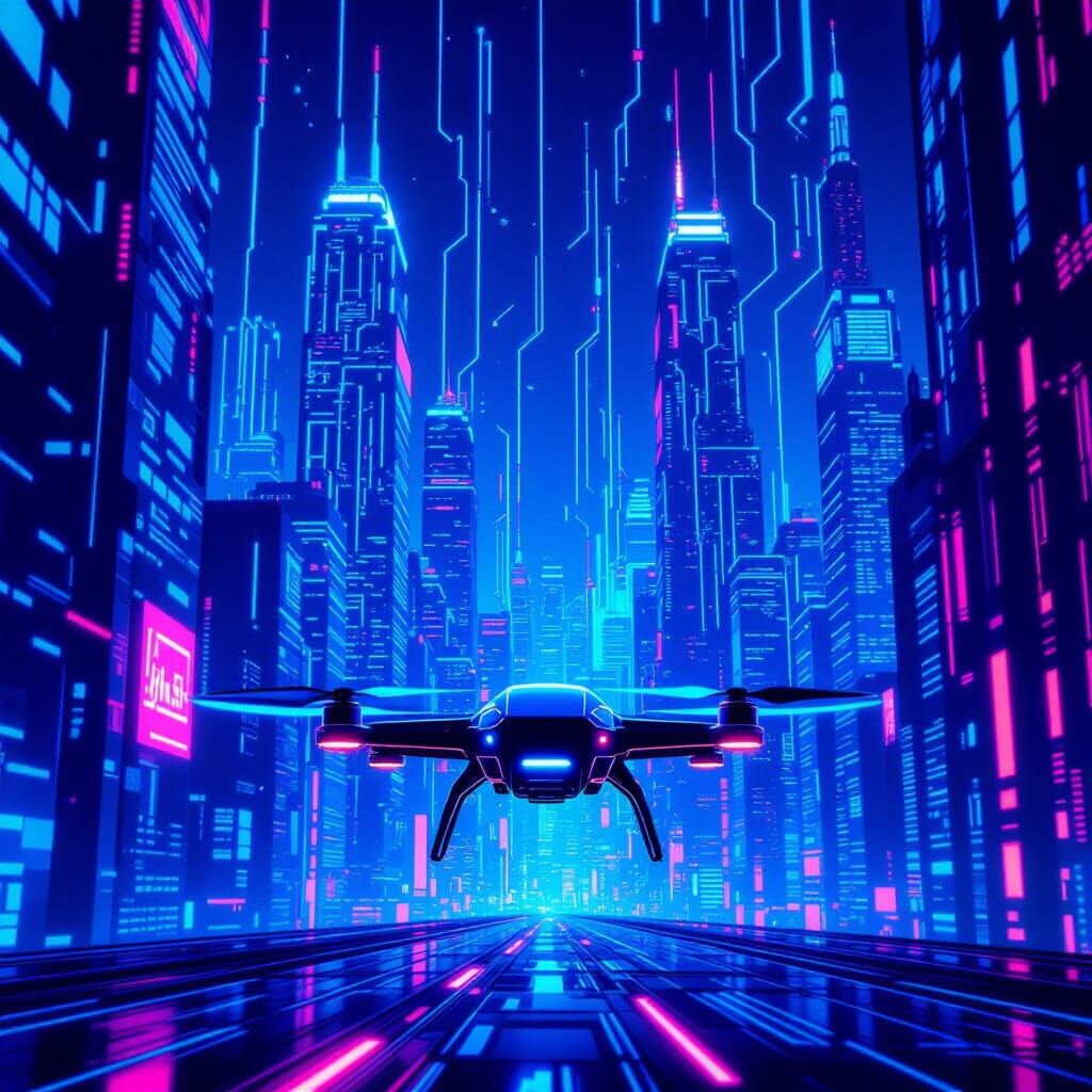Futuristic Neon Cityscape with High-Tech Drone