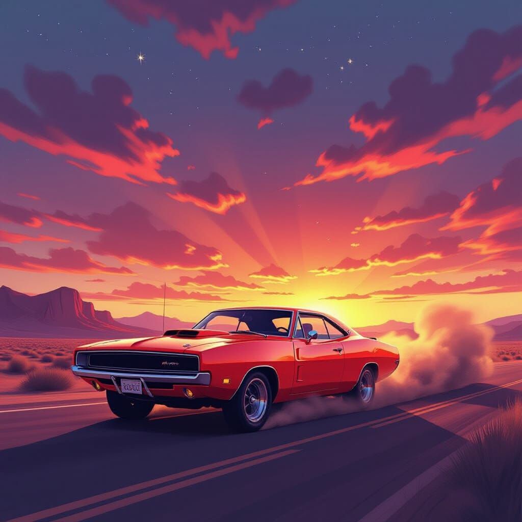Orange 1969 Dodge Charger on Desert Highway at Sunset