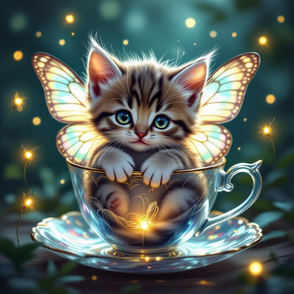 Kitten with Butterfly Wings in Crystal Teacup