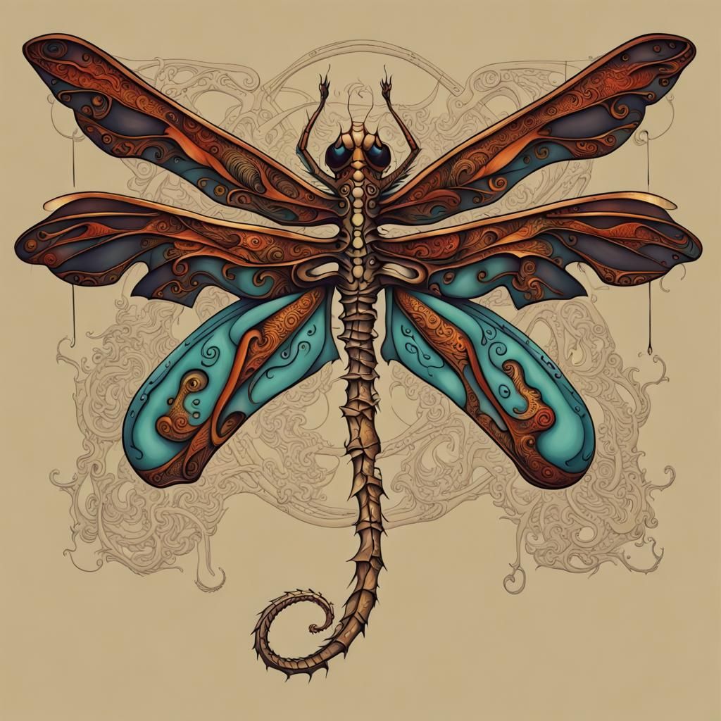 Dragonfly Dragon Skeleton in Abstract Art