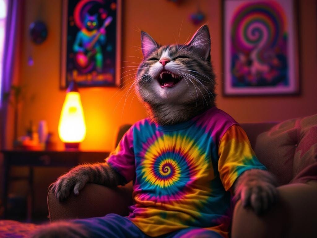 Psychedelic Cat in 1970s Living Room, Digital Art