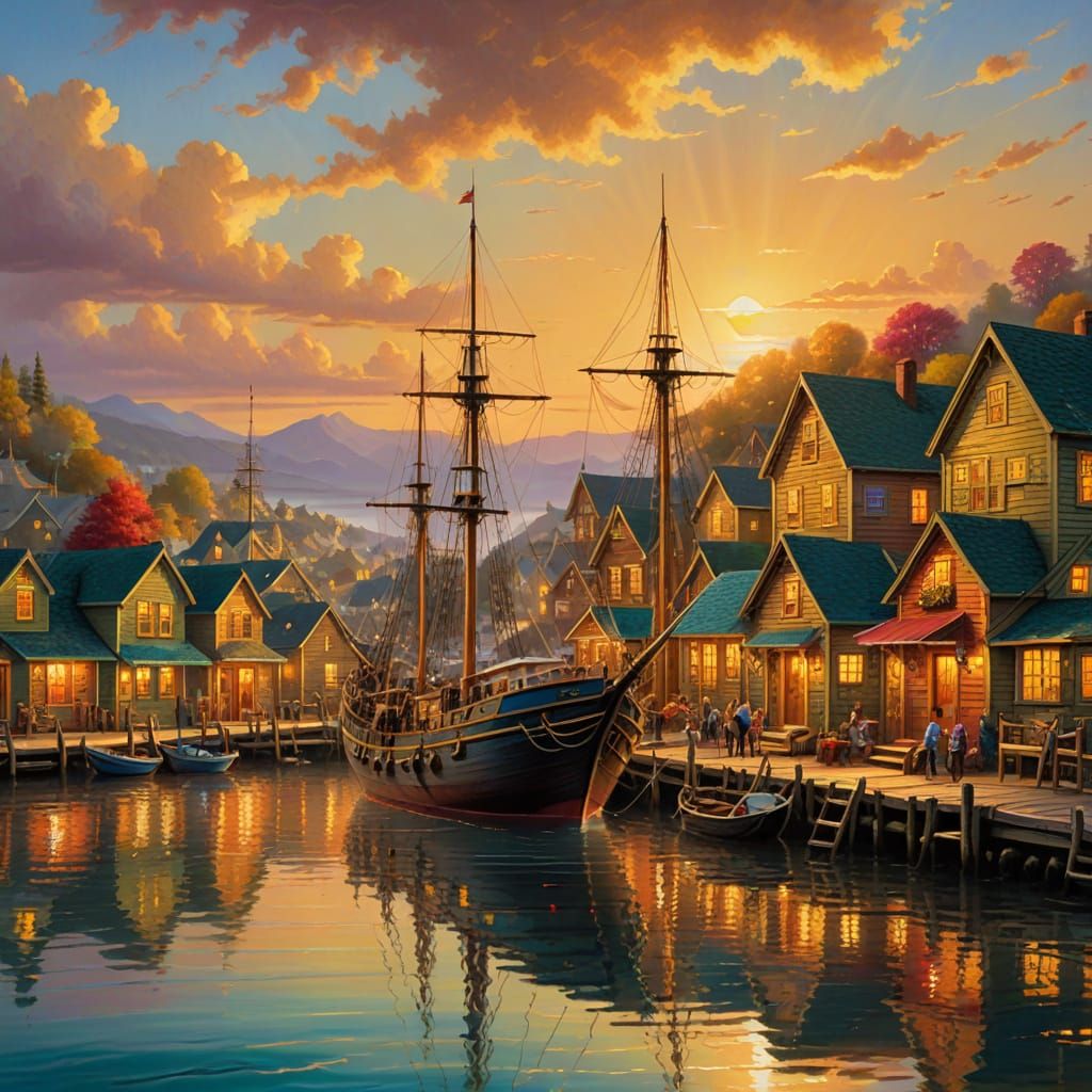 Vibrant Sunset Village in Oil Painting Style