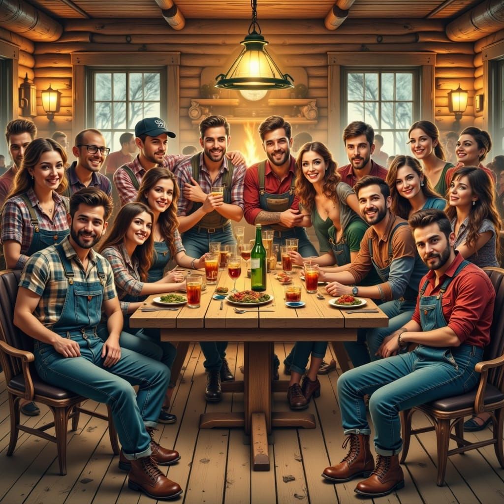 Lumberjack Party Scene with Guests in Plaid and Suspenders