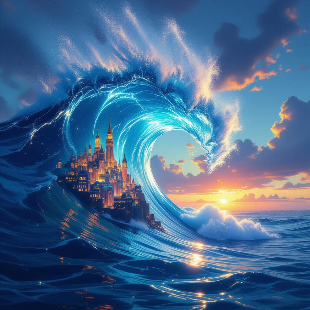 Glowing City Inside Frozen Ocean Wave - Hyperrealistic Digit...