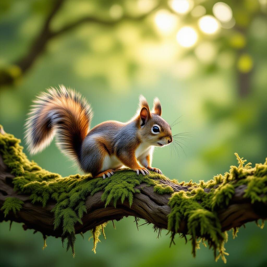 Squirrel Dashes on Mossy Branch in Soft Forest Light