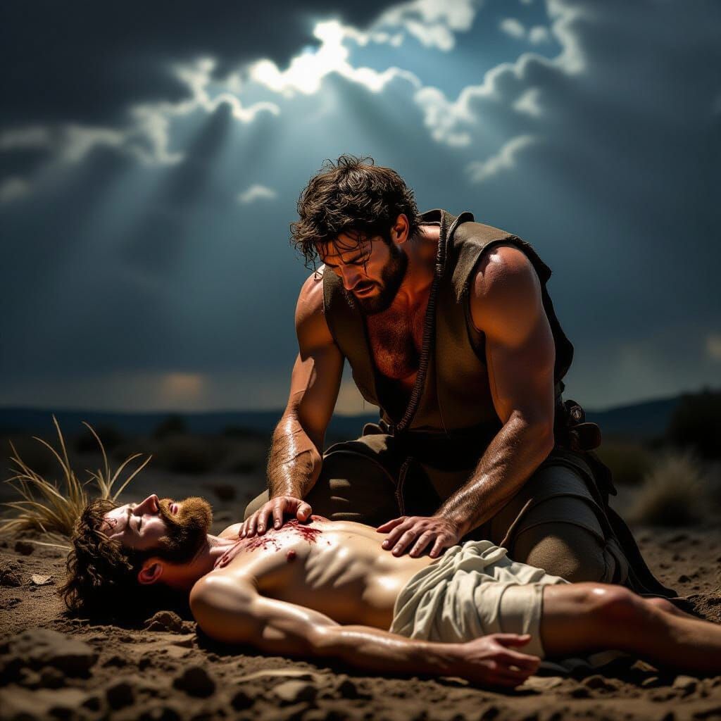 Cain Mourns Slain Brother Abel in Dramatic Landscape