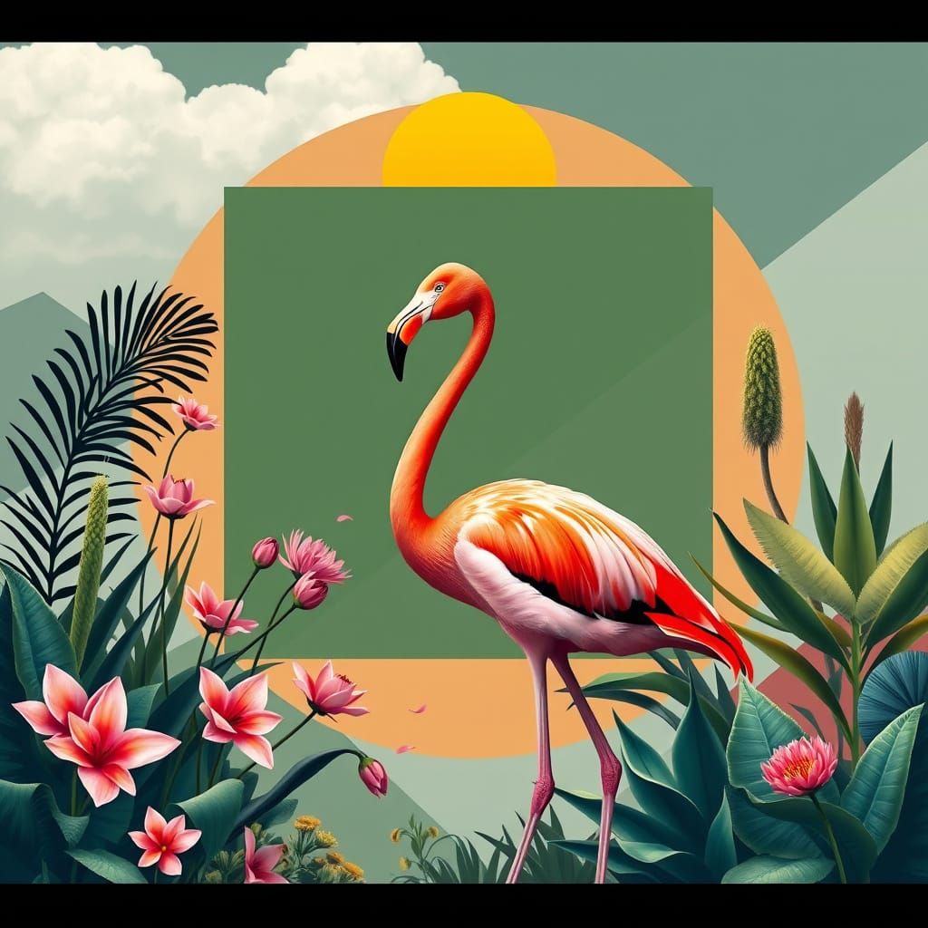 Vibrant Flamingo in Galapagos, Victorian Pop Art Style
