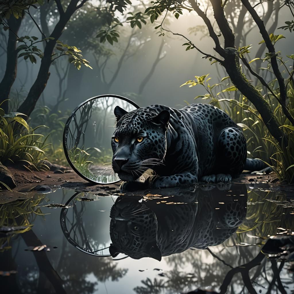 Black Jaguar Gazing into Broken Mirror in Fog