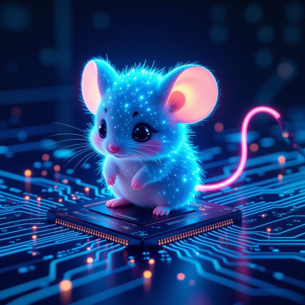Adorable Chibi Circuit Mouse on Computer Board