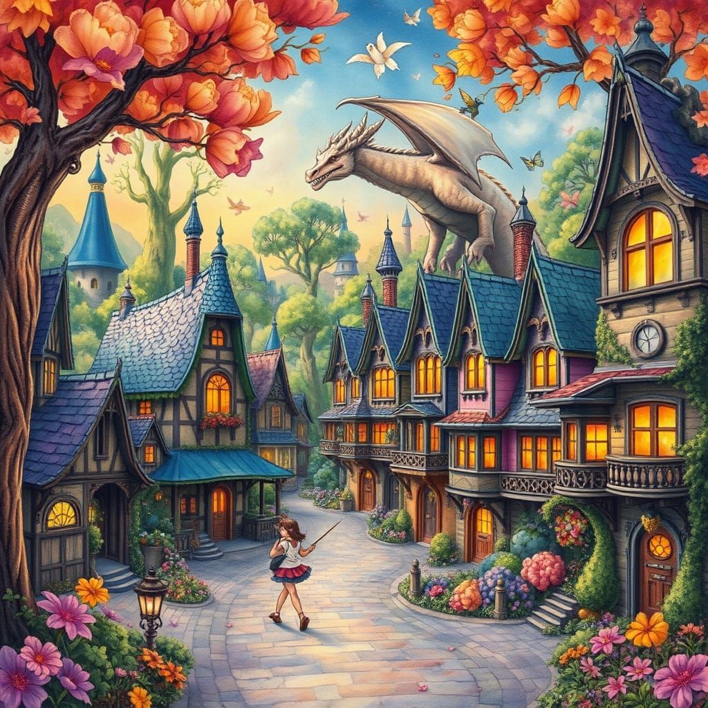 Enchanting Fairy Tale Street Scene with Dragons