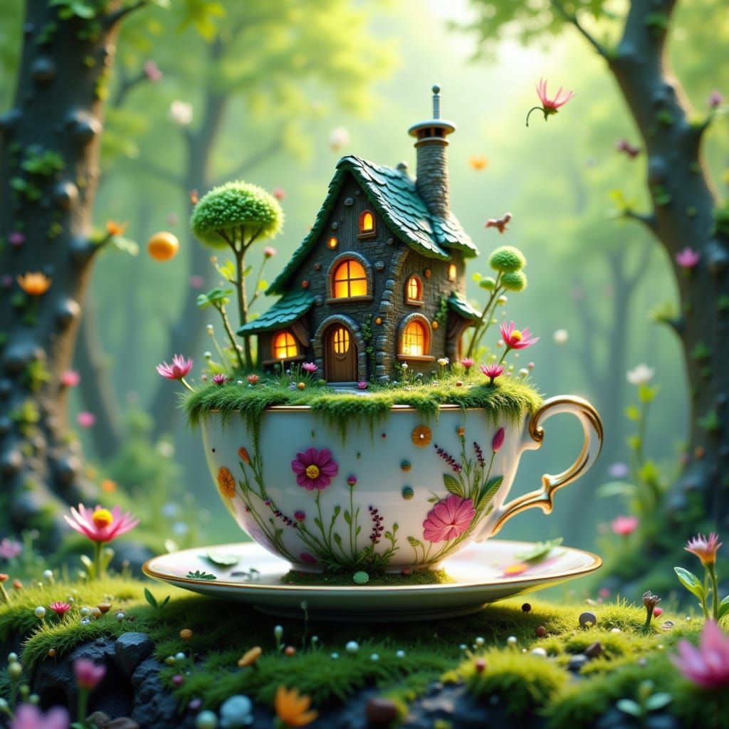 Enchanted Cottage in Teacup: Fairy Tale Illustration