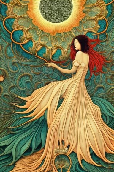 Celestial Woman in Surreal Sun and Moon Bed