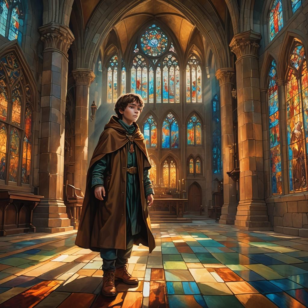 Boy Sneaking Into Mystic Church: Fantasy Oil Painting
