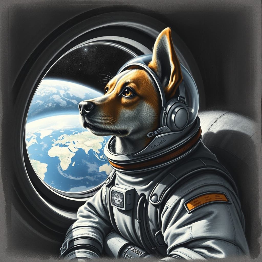 Brave Laika the Dog in Space Suit Looks Out at Earth