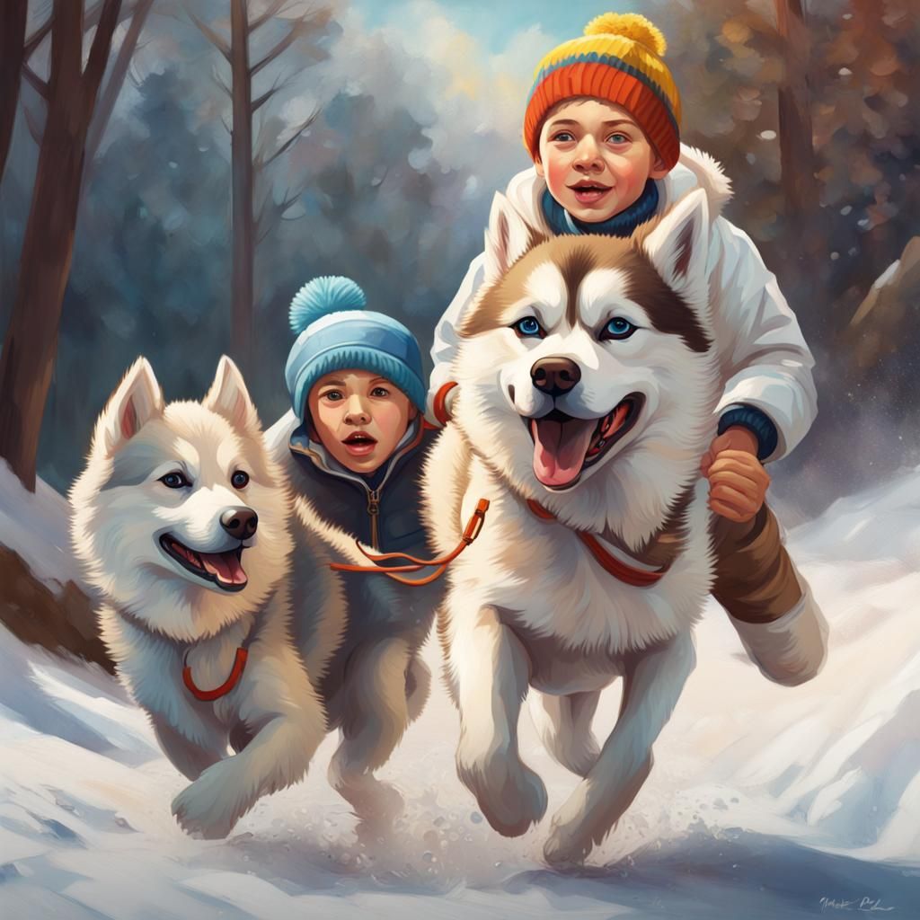 Boy and Husky Dog in Hyperrealistic Splash Art