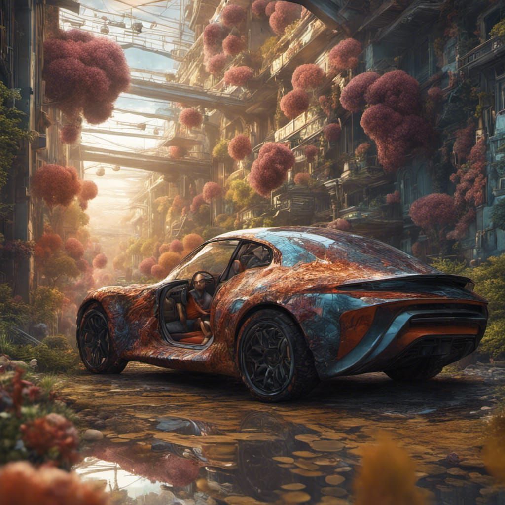a car that utilizes biotechnology to create a living, self-repairing exterior that adapts to environmental conditions an...