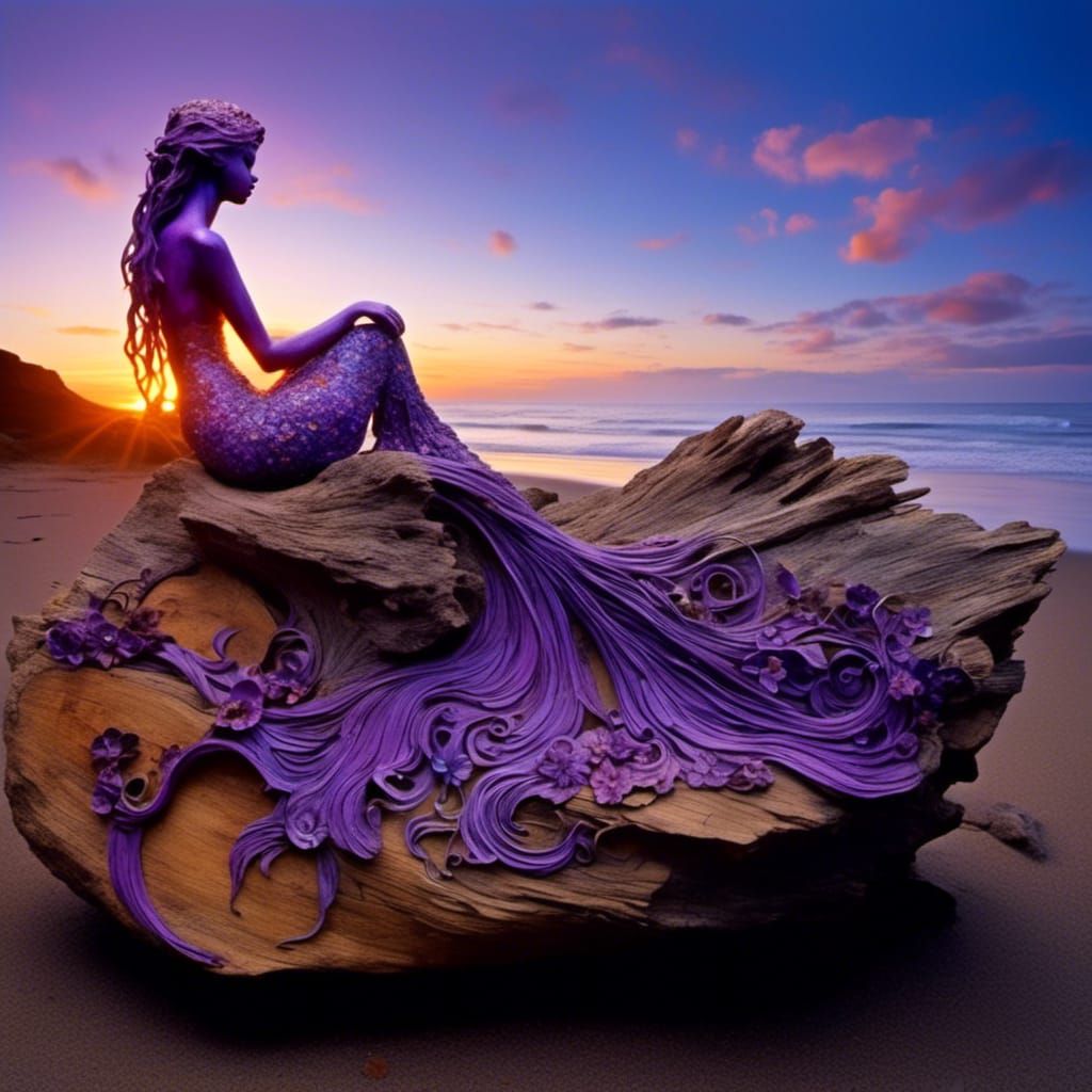 Violet Mermaid Rescue at Sunset, Pyrography Details
