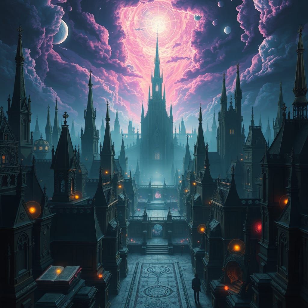 Mystical Math Realm in Gothic Cyberpunk Style