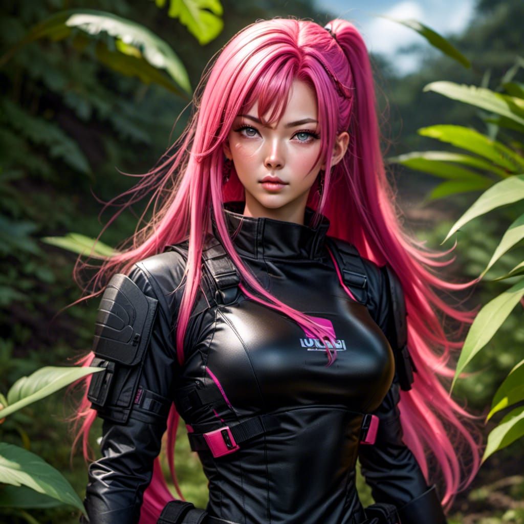 Female Soldier with Pink Hair in Combat Gear